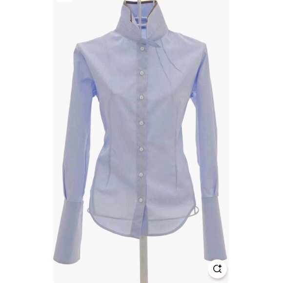 Ken Okada Paris Womens XL Blue LS Shirt Asymmetrical Pleats Designer Unique - Picture 3 of 7